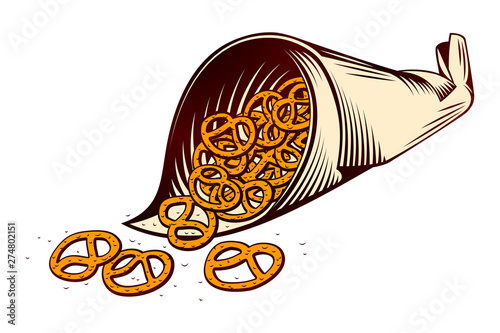 Salted pretzels in packaging cone of paper bag. Сrispy snacks for beer. German traditional food for beer fest Oktoberfest. Colored vector hand drawn illustration in vintage retro inked engraved style.
