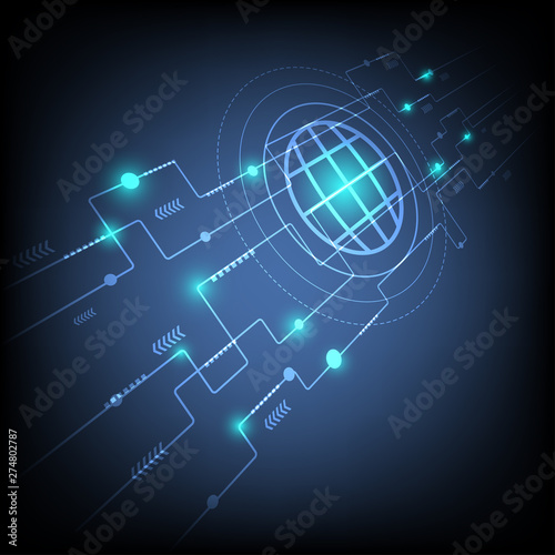 Abstract Technology Background. Technology Digital World Of Business Information. Futuristic Blue Virtual Graphic Interface.