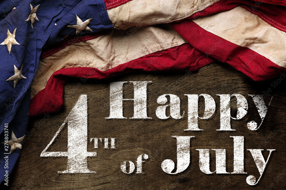 Happy fourth of July text with red, white, and blue American Flag - obrazy, fototapety, plakaty 