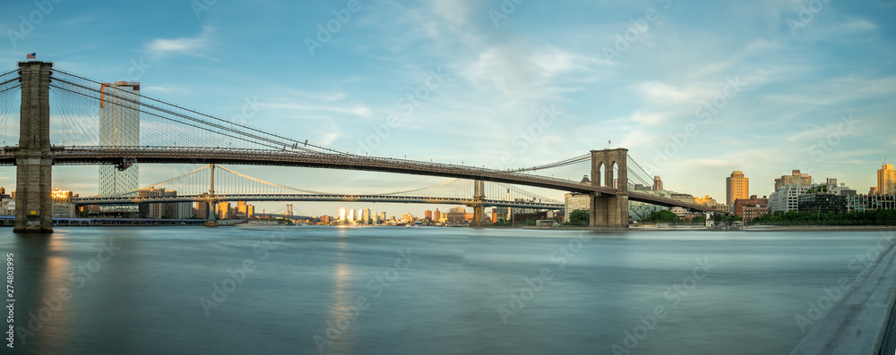 Panoramic View of Three Main NYC Bridges At Dusk From Dock