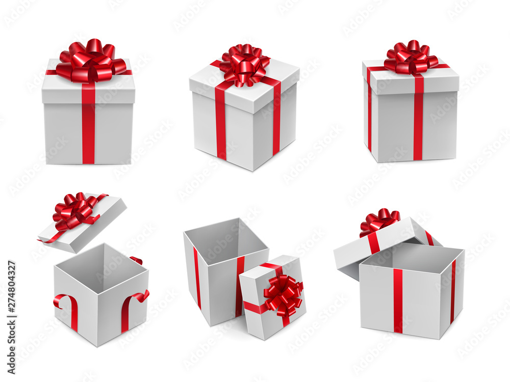 Different white cube shaped boxes with sparkling red ribbon bow decoration. Wedding or anniversary congratulation surprise with silk tape. Realistic white 3d containers isolated vector illustration. Different white cube shaped boxes with sparkling red ribbon bow decoration. Wedding or anniversary congratulation surprise with silk tape. Realistic white 3d containers isolated vector illustration.