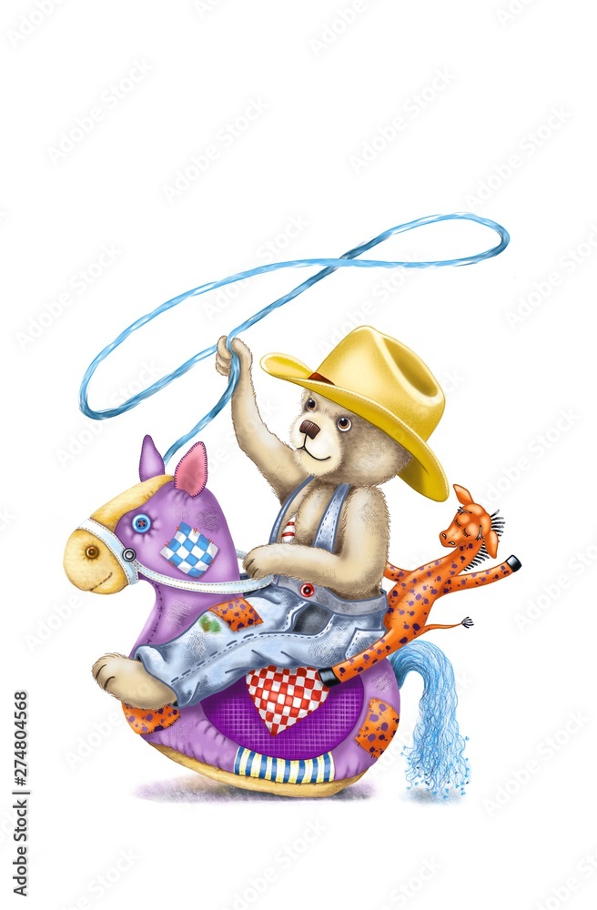 Naklejka premium Teddy bear riding stuffed toy horse