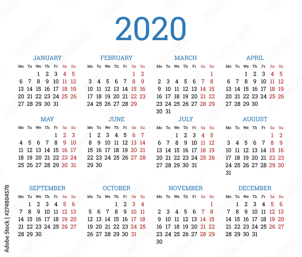 Simple traditional calendar layout for 2020 year. English square ...