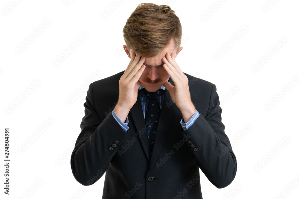 Happy young businessman in office feeling tired and stressed on white background, isolated concept Happy young businessman in office feeling tired and stressed on white background, isolated concept