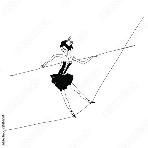 Black and white silhouette of a girl ropewalker or equilibrist. Hand drawn ink sketch.