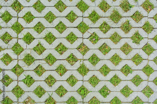 Geometric background of eco floor bricks and green grass. Eco parking texture