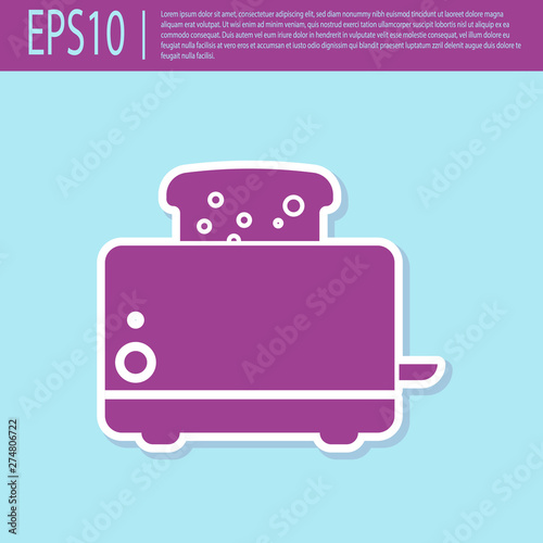 Retro purple Toaster with toasts icon isolated on turquoise background. Flat design. Vector Illustration