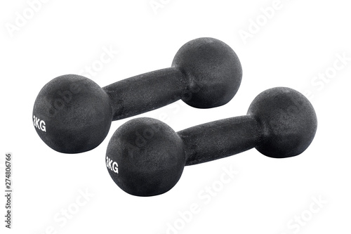 Two black metal dumbbells on isolated background