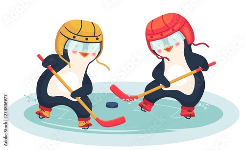Canvas Print penguin play ice hockey in the winter