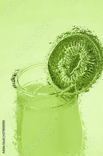 A conceptual image of a wine glass with green juice and a piece of fruit.