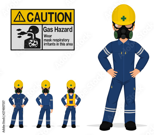 An isolated industrial worker with respirator on transparent background