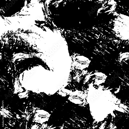 Black and white grunge texture. Monochrome gloomy background. The dirty spot is abstract. Spilled ink. Chaotic futuristic surface.