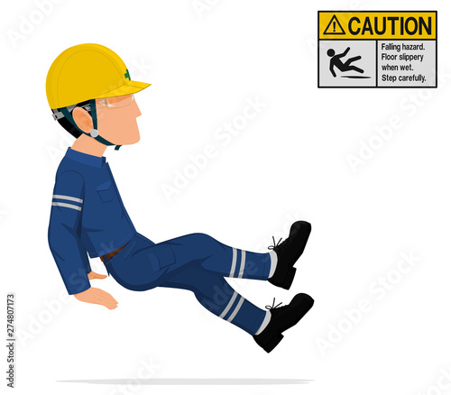 An industrial worker is falling on the slippy floor