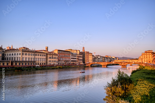 June 6, 2019 - Florence, Italy - A view of Florence, along the Arno River, in the Tuscany region of Italy at sunset. © Jbyard