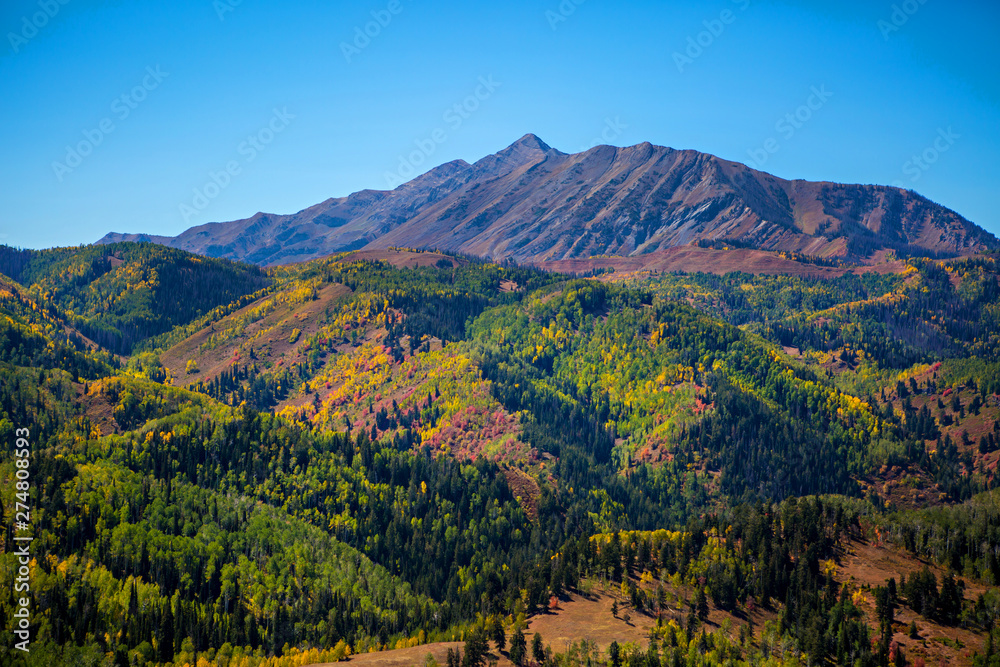 Fall mountain landscapes with changing leaves.