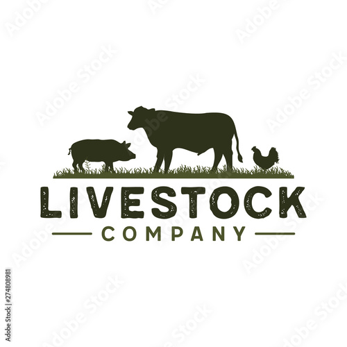 Livestock vintage logo with cow, chicken, and pork