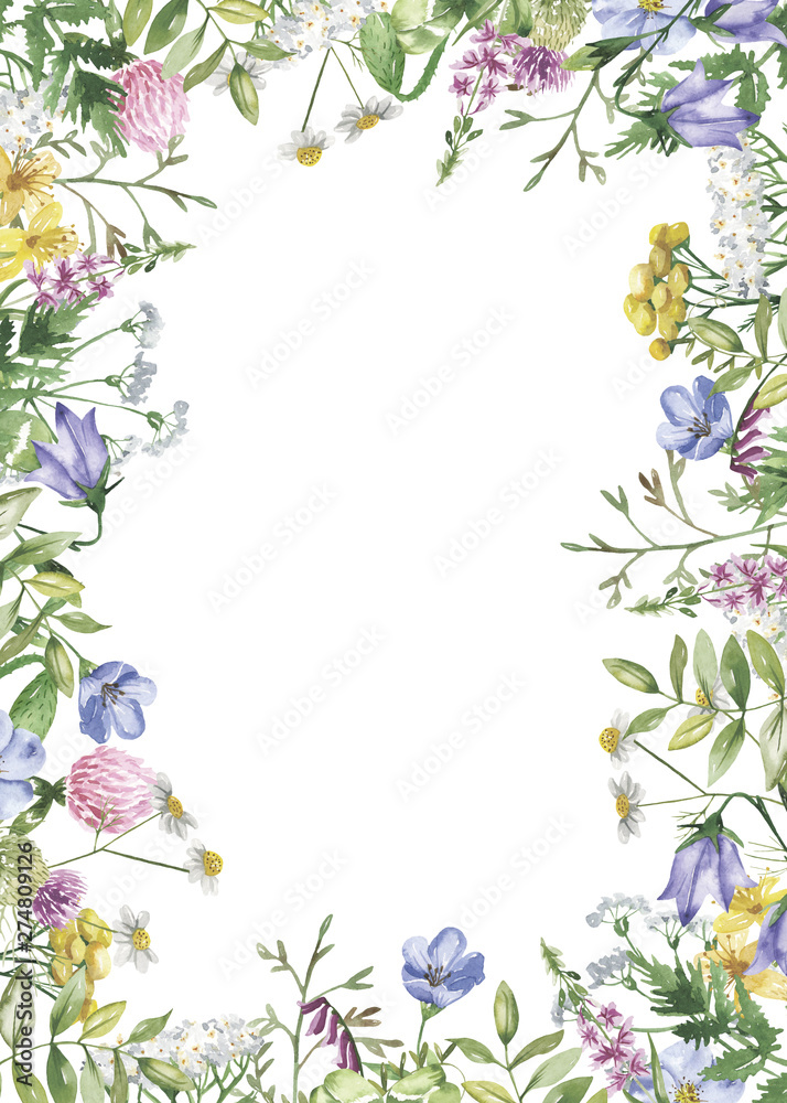 Rectangular frame with watercolor wildflowers, golden splashes, watercolor stains. The template for the text is great for cards, invitations, greeting cards, weddings, quotes.