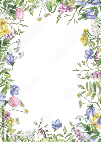 Rectangular frame with watercolor wildflowers, golden splashes, watercolor stains. The template for the text is great for cards, invitations, greeting cards, weddings, quotes.