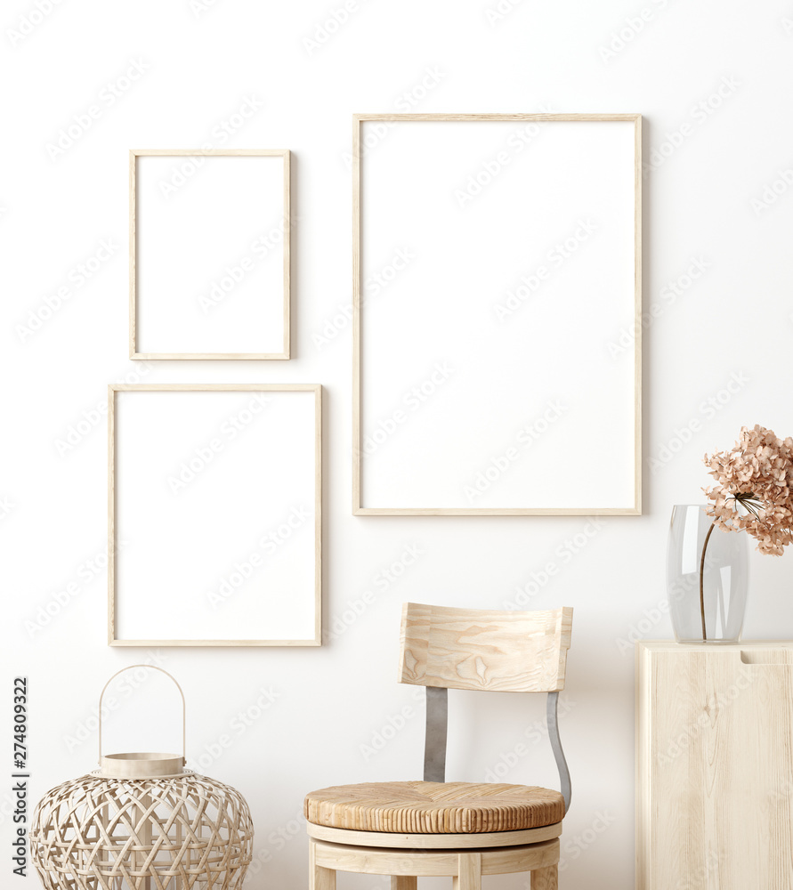 Fototapeta Mock up poster frame in living room interior. Interior Scandinavian style. 3d render