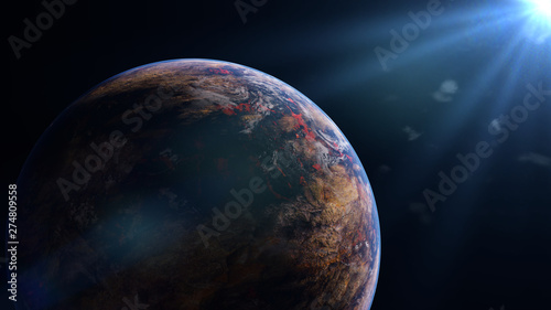 lava planet, exoplanet lit by an alien sun (3d space illustration)