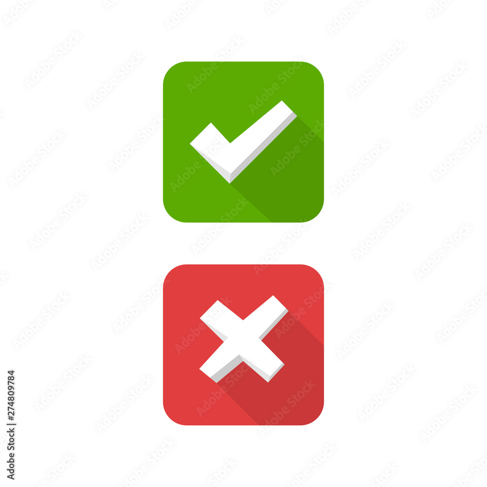 Tick and cross signs. Green checkmark and red X icons Tick and cross signs. Green checkmark and red X icons
