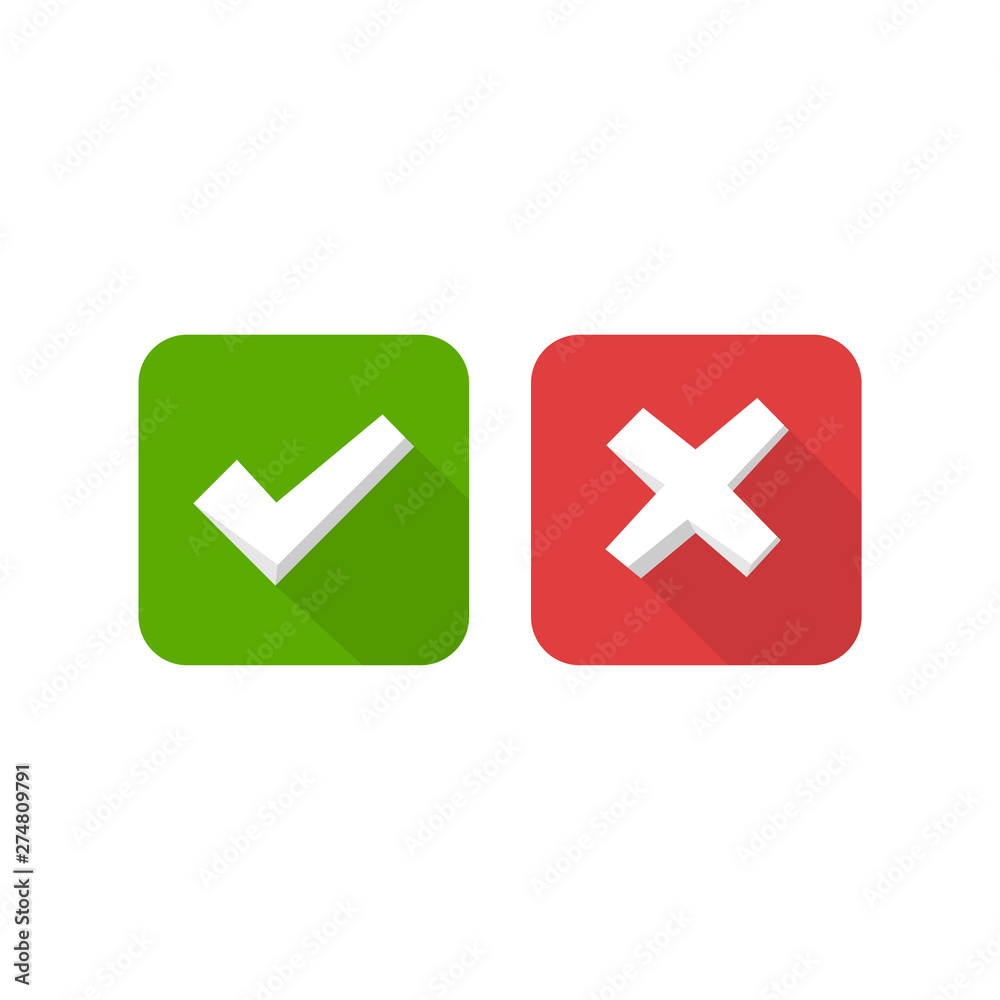 Tick and cross signs. Green checkmark and red X icons Tick and cross signs. Green checkmark and red X icons