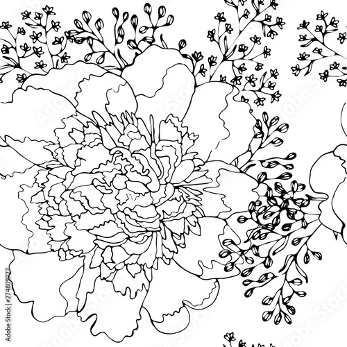 Floral vector seamless pattern with black line flower