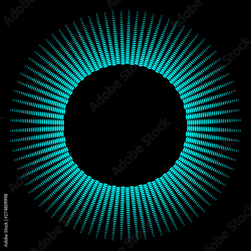 Round frame of blue rays on black background. Design for club, party, invitation. Abstract neon background for your design.