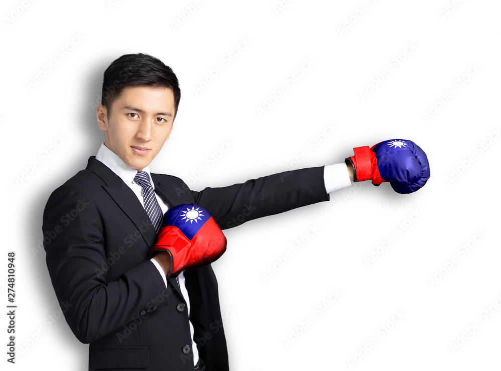 young man ready to fight with boxing gloves and taiwanese flag young man ready to fight with boxing gloves and taiwanese flag