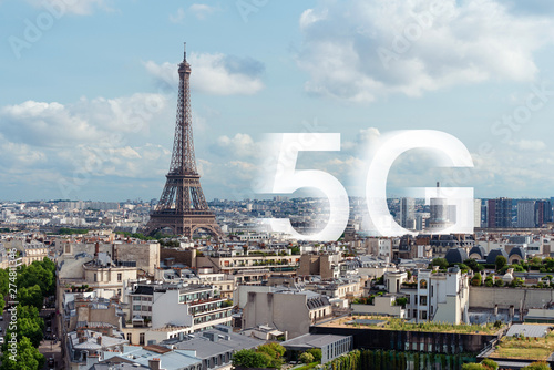 5G high speed internet in Europe. Eiffel tower  famous landmark and travel destination in Paris  France