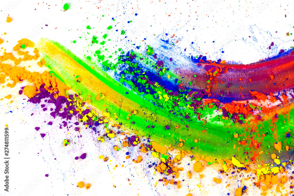 Abstract smear with finger made of multicolored pigment, isolated on white. Mixed bright eye shadow. 