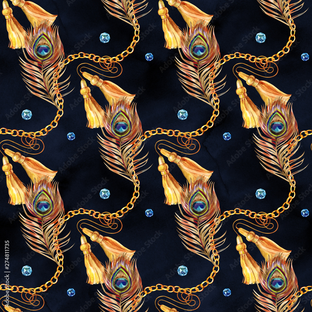 Naklejka premium Watercolor seamless pattern of jewelry chains and multicolor gemstones.