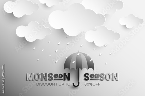 Paper elements in shape of Cloud and rain that falls on the umbrella with special offers for monsoon season. Monsoon sale banner template design. Vector illustration.