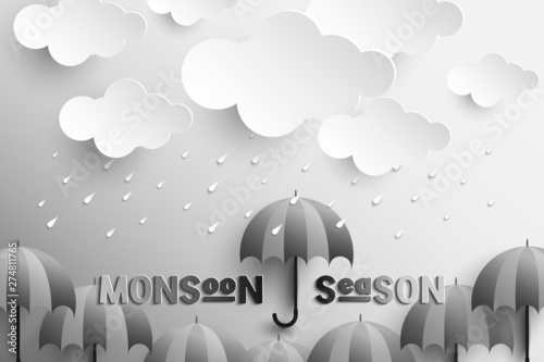 Paper elements in shape of Cloud and rain that falls on the umbrella for monsoon season. Vector illustration.