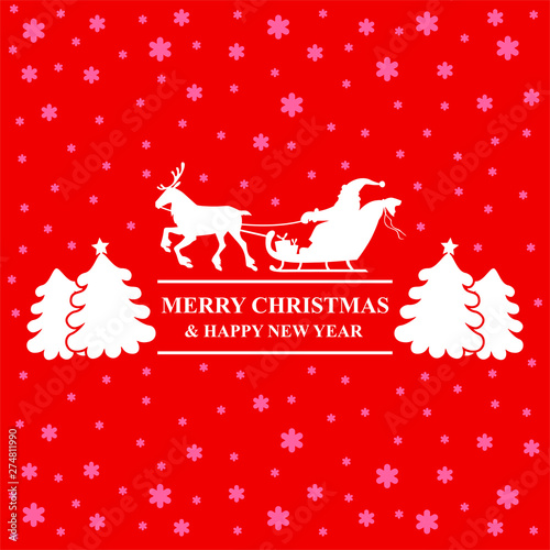 Vector illustrations of silhouette of Santa Claus sitting in a sleigh, reindeer who pull greeting card