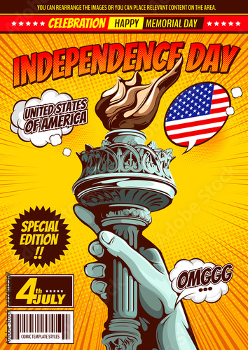 Hand of the Statue of Liberty, independence day, comic book cover template on yellow background, flyer brochure speech bubbles, doodle art, Vector illustration.