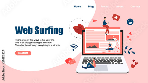 Webpage Template. Surfer surfing a wave web page vector illustration. Web page surfing concept.	