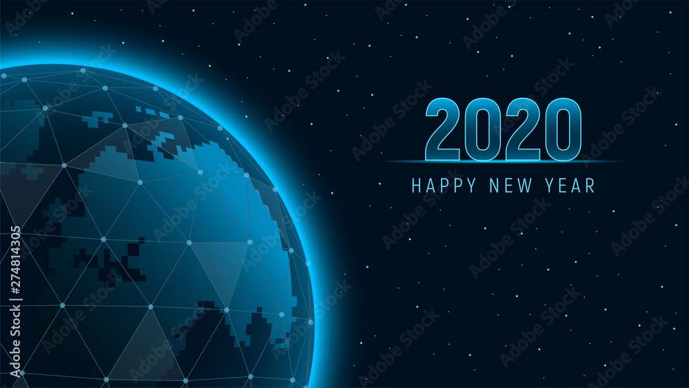 Fototapeta premium Modern futuristic template for 2020 on background with holographic Earth polygons connection structure. View from space on the planet Earth. Concept future technology. Vector illustration.