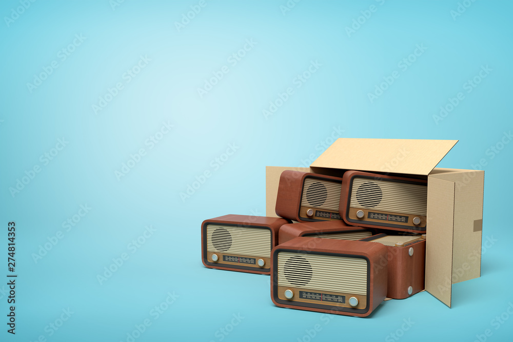 3d rendering of cardboard box lying sidelong full of old-fashioned radios on light-blue background. 3d rendering of cardboard box lying sidelong full of old-fashioned radios on light-blue background.