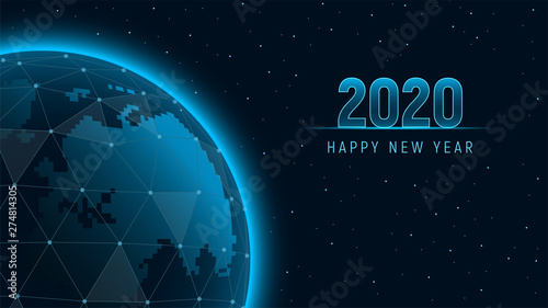 Modern futuristic template for 2020 on background with holographic Earth polygons connection structure. View from space on the planet Earth. Concept future technology. Vector illustration.