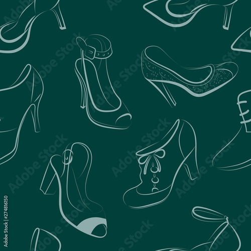 Vector seamless pattern with a picture of elegant women shoes. Light stylish contours of women's shoes on a dark contrast background.