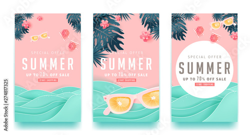 Summer sale design with paper cut tropical beach bright Color background layout banners .Orange sunglasses concept.voucher discount.Vector illustration template.