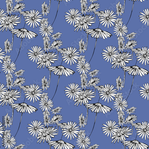 Flower graphic design. Cute seamless vector tile pattern. Retro vintage. line chamomile flowers design on black background.