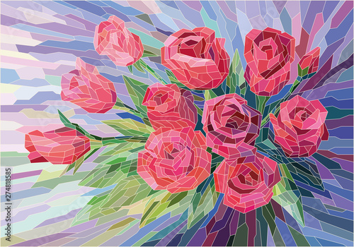 Stained glass flowers beautiful red roses on lilac background. Full-color vector graphics