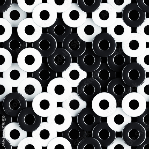 3D Fototapete Schwarz-Weiß - Fototapete Seamless pattern of black and white torus shapes 3D render