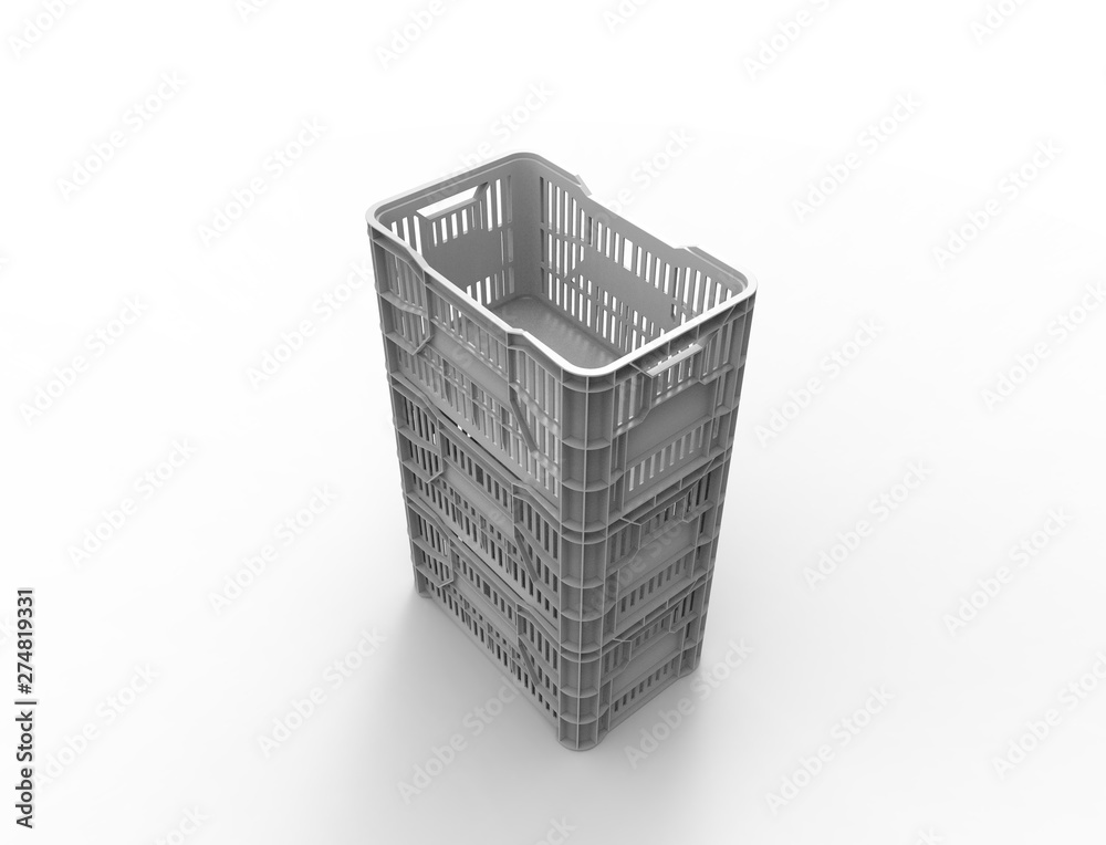 3d rendering of a stackable plastic storage crate isolated in white background. 3d rendering of a stackable plastic storage crate isolated in white background.