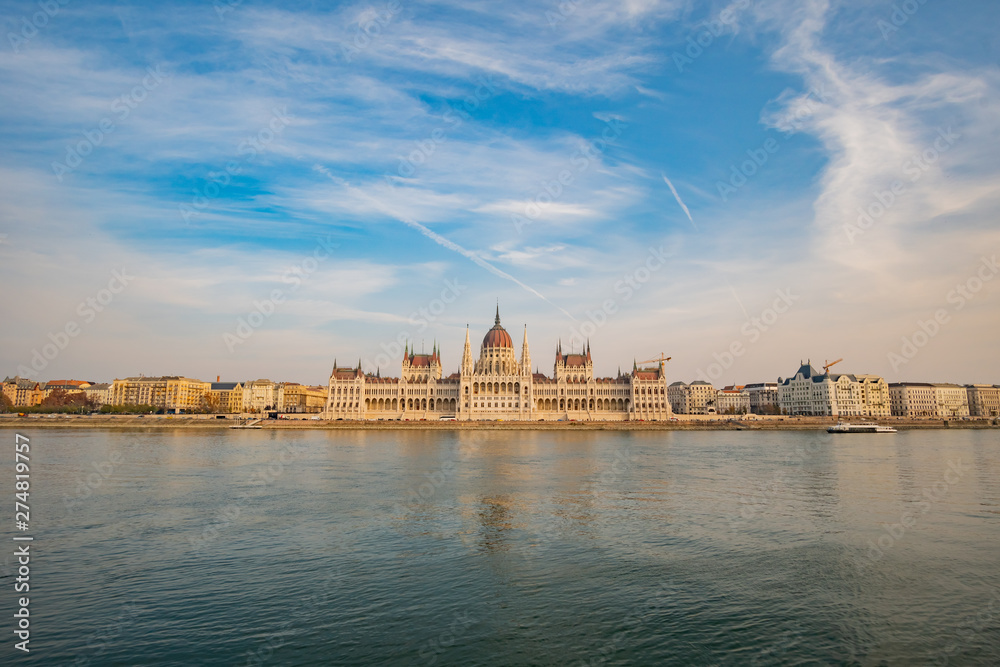 Exterior view of the Hungarian Parliament Building with River Danube