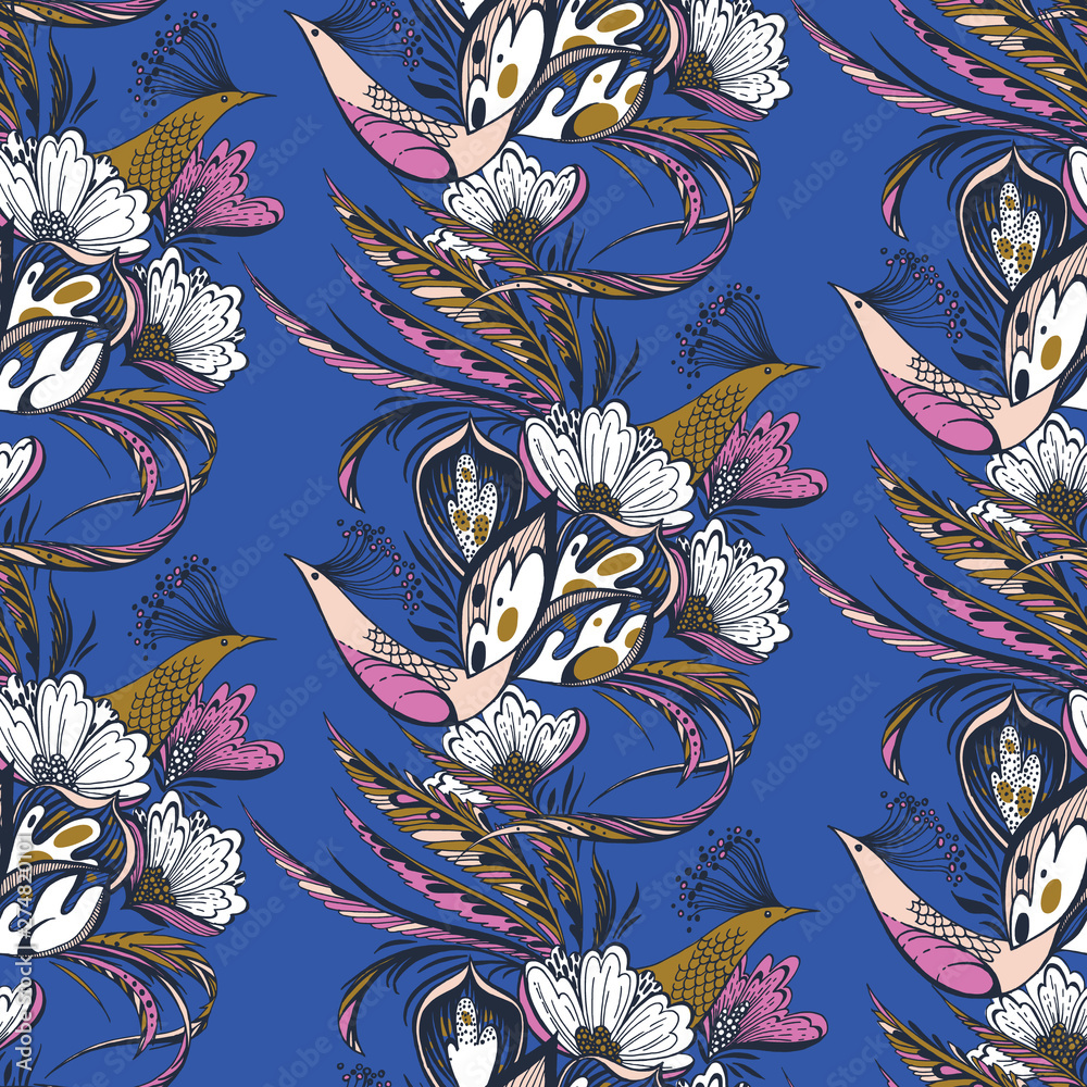 Obraz premium Paradise birds seamless eastern pattern