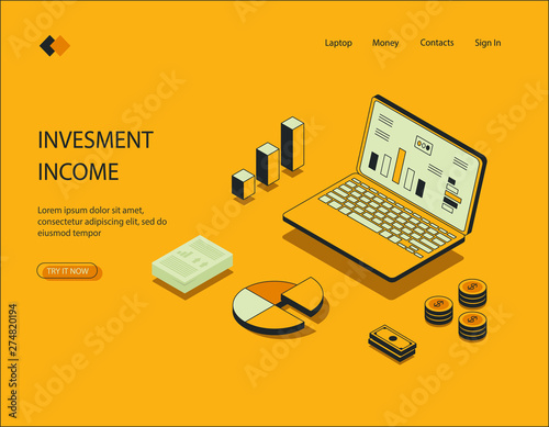 Isometric image on yellow background of investment income. Visualization of financial report, data analysis, notebook with charts, investment and income generation. Vector illustration.