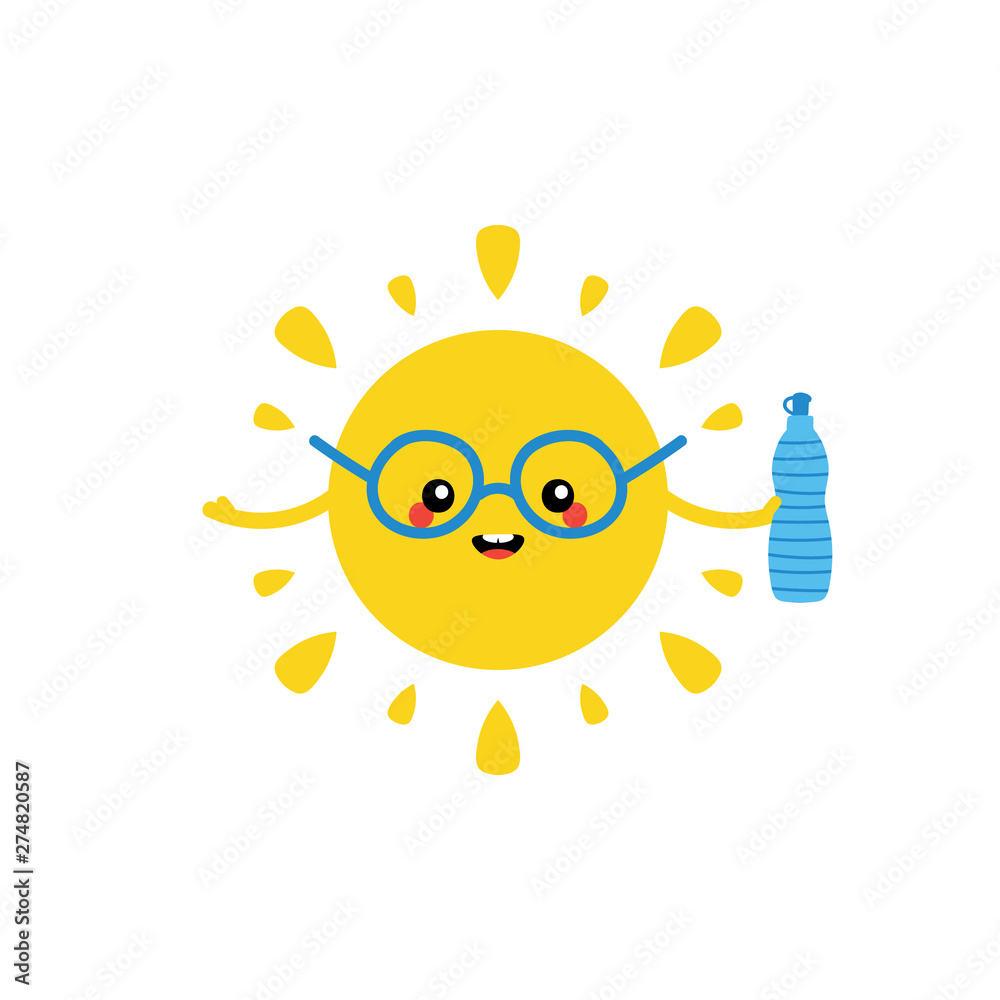 Cute cartoon vector sun character, smiling, holding a bottle of water in  hand. Concept of drink water and hydration in summer time. Stock Vector |  Adobe Stock